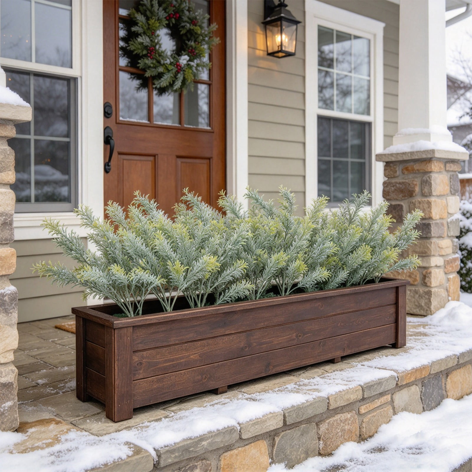 Winterizing Boxes Frosted Artificial Evergreen Greenery Stems, Winter Faux Shrubs for ...