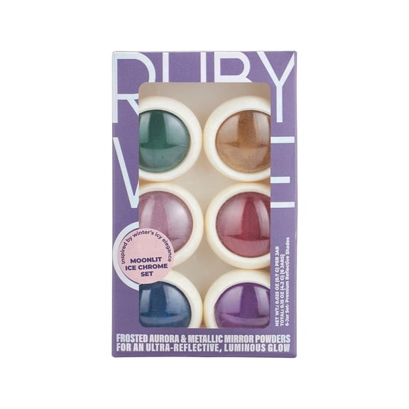RUBY VIBE CO Moonlit Ice Chrome Set Chrome Nail Powder, 6-Jar Aurora and Metallic Mirror Powder for UV LED Gel Nails, 0.7g Each, 0.15 oz (4.2 g)
