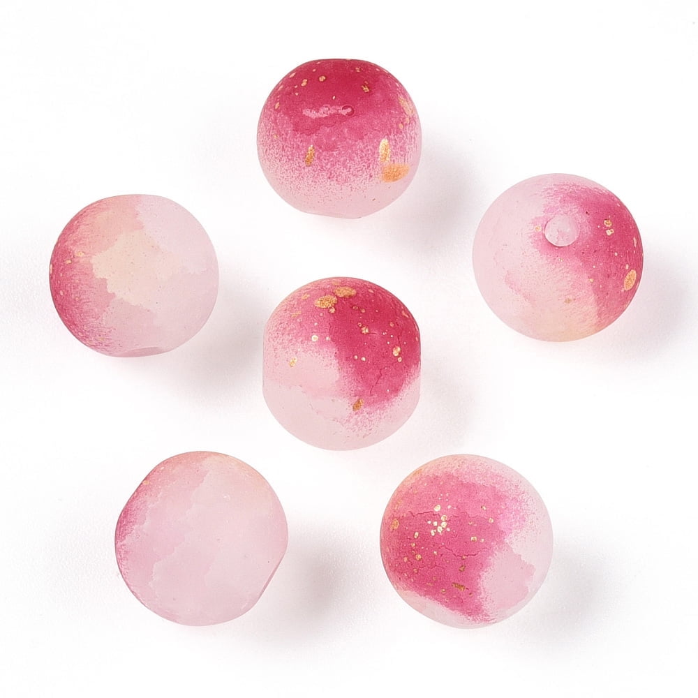 Frosted Baking Painted Glass Beads with Glitter Powder Two Tone Round Fuchsia 10x9.5mm Hole: 1.8mm about 780pcs/1000g