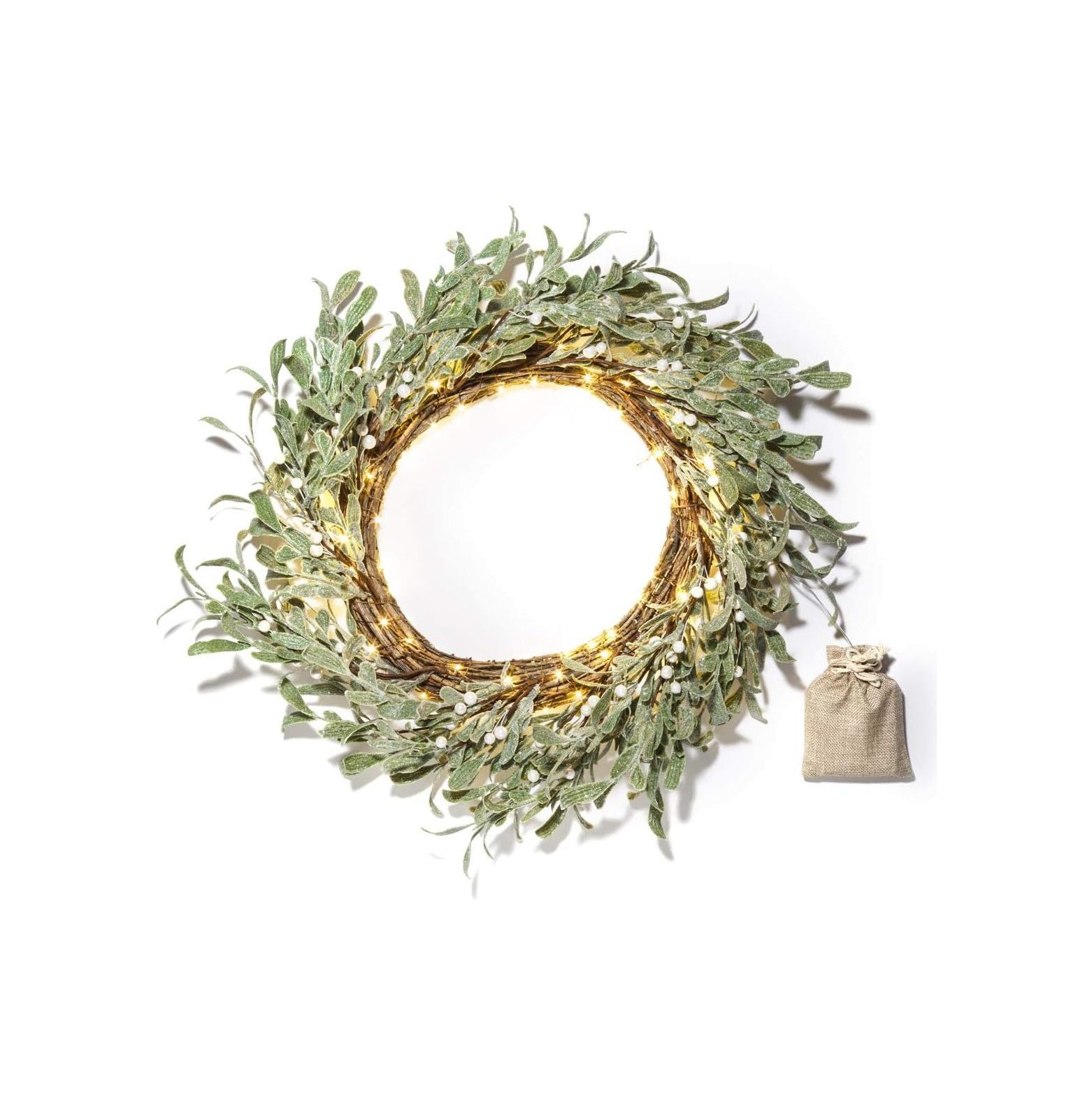 Frosted Christmas Wreath with Lights 20 Inch, Battery Operated, 75