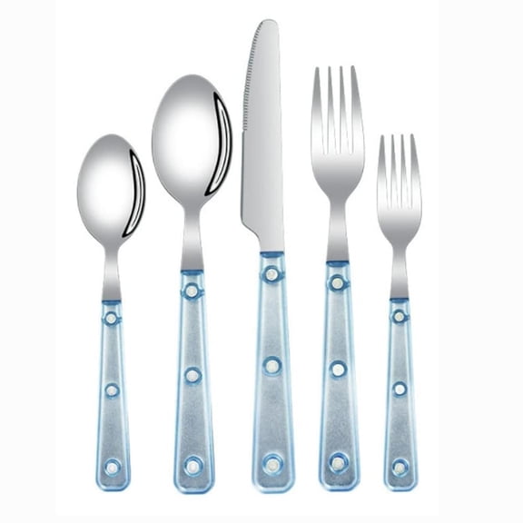 Frosted Clear Handle Silverware Tableware Set, 18/10 Stainless Steel Flatware Set Steak Table Knife Fork Spoon Fruit Teaspoon Cutlery Sets (Pink,20 pieces)