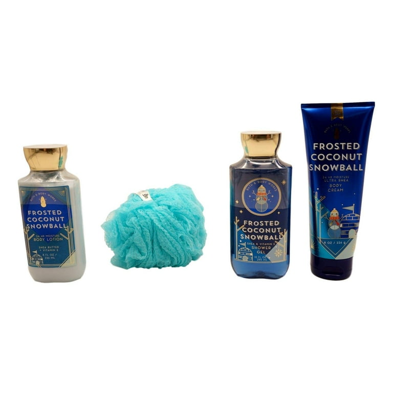 Frosted Coconut Snowball Set (4 Piece) - Shower Gel 10 oz, Lotion 8 oz, Body Cream 8 oz, and Loofah; Signature Collection Gift