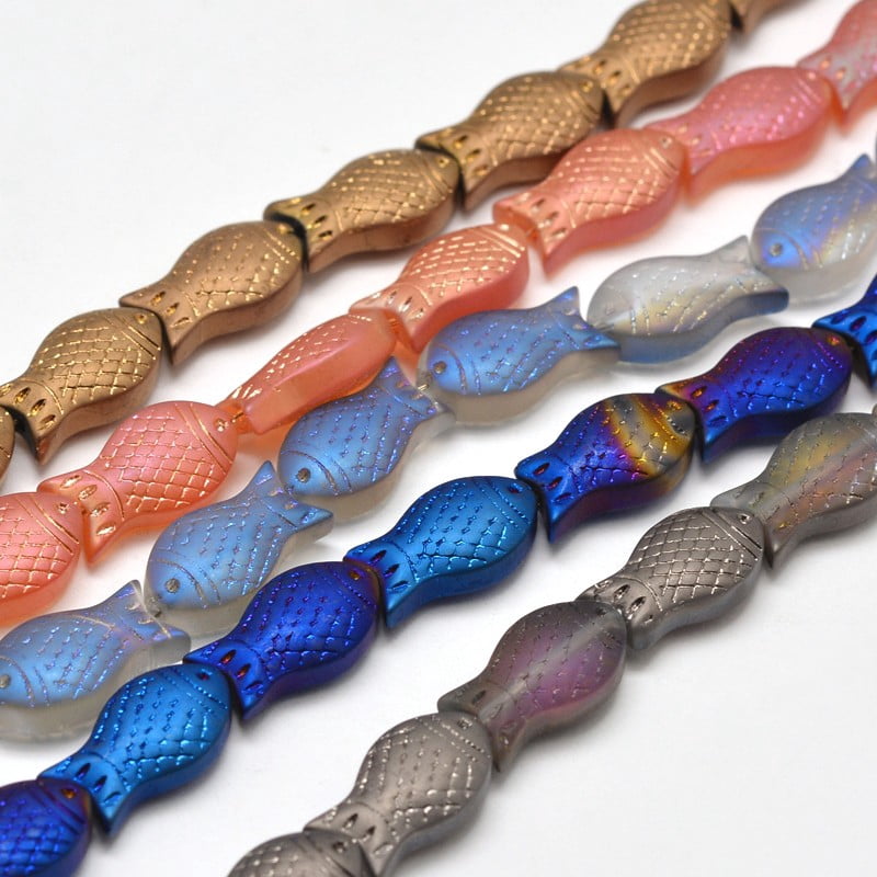 Frosted Electroplate Glass Fish Beads Strands Mixed Color 15x8x5mm Hole: 1mm about 30pcs/strand 16 inch