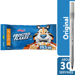 Frosted Flakes Cold Breakfast Cereal, 8 Vitamins and Minerals, Kids Snacks, Original, Bag (1 Bag) with pan