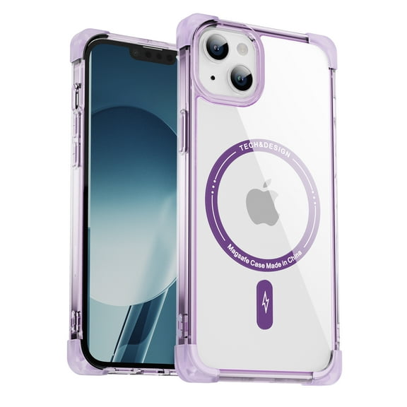 Frosted Four Corners Thickened Air Cushion for iPhone 15 Plus Case, 4 Corners Airbag Anti-Fall Magnetic[Compatible With Magsafe] Transparent Bracket Case Camera Protection Cover,Purple