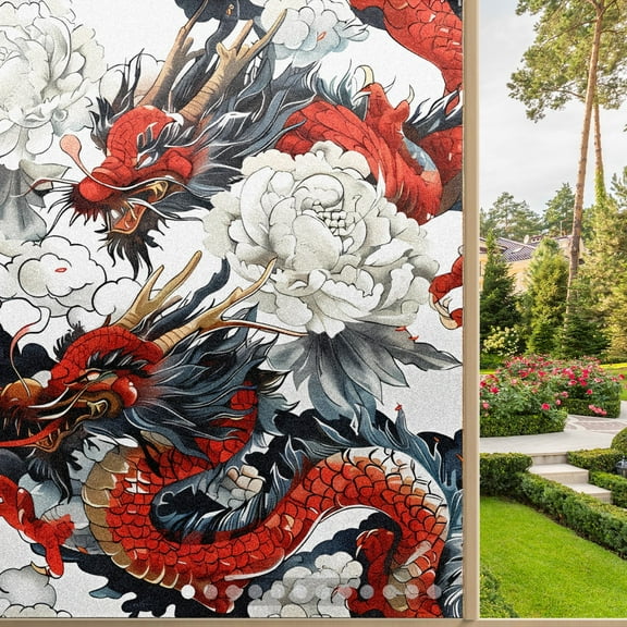 Frosted Glass Window Film Privacy Film Stained Glass Decals for Bathroom Shower Door Non Adhesive Heat Control Chinese Dragon Red