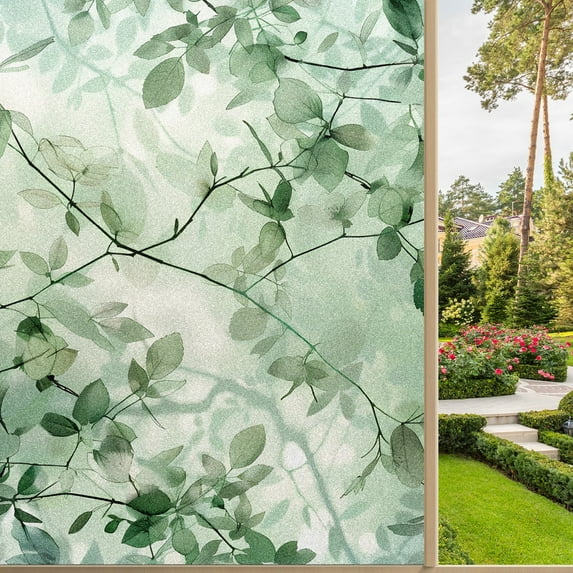 Frosted Glass Window Film Privacy Film Stained Glass Decals for Bathroom Shower Door Non Adhesive Heat Control Green Leaves (4) (1)