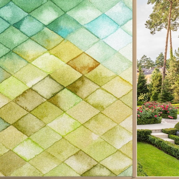 Frosted Glass Window Film Privacy Film Stained Glass Decals for Bathroom Shower Door Non Adhesive Heat Control Watercolor Yellow Stained Glass