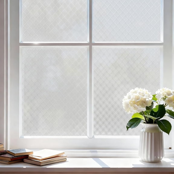 Frosted Glass Window Film, Window Film for Front Door Bathroom, Decorative Non-Adhesive Cling Window Lattice Covering UV & Heat Blocking, 17.3x78.7 Inches