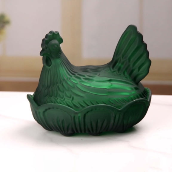 Frosted Green Glass Hen Candy Dish with Lid 6.69 x 5.71 x 5.51 Inch Decorative Chicken Shaped Storage Jar for Candy Cookies Sugar Kitchen Counter Farmhouse Table Centerpiece