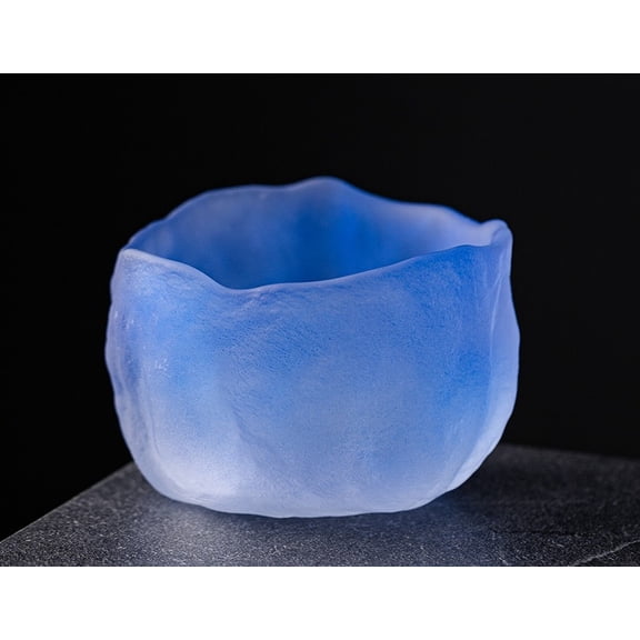 Frosted Irregular Glacier Textured Glass Teacup, Handmade Wavy Rim Small Drinking Cup 60ml for Whiskey Tea Sake Espresso, Decorative Art Glass Drinkware for Home Bar Kitchen