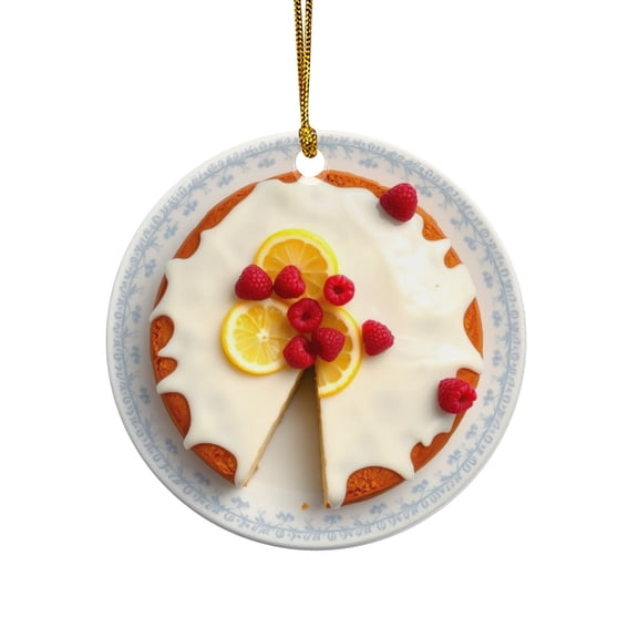Frosted Lemon Drizzle Cake with Raspberries, Dessert Angel Food Cakes Lover Christmas Ornament, Foodie Gift for Kitchen, Chef Cooking Food Novelty Xmas Ornament (Flat Printed Ceramic, NOT 3D)