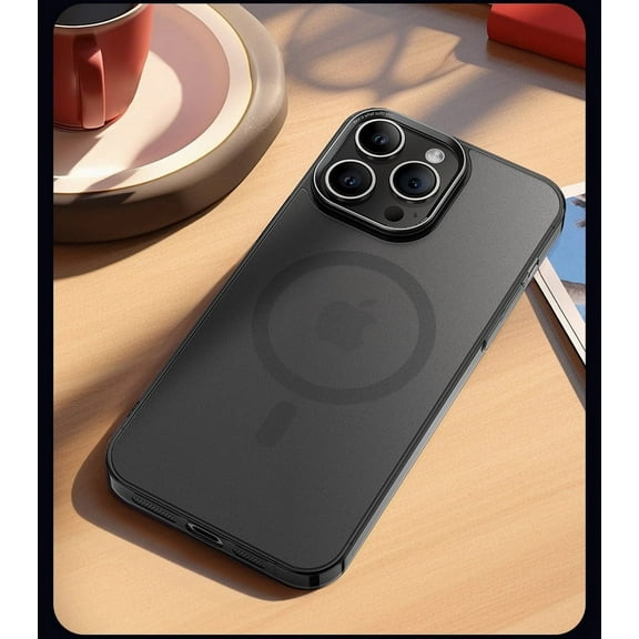 Frosted Magnetic Charger Phone Case Glass Case for iPhone 15 Pro Max, Black