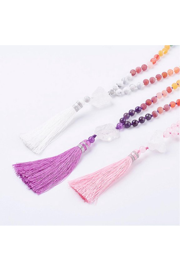 Frosted Natural Weathered Agate and Gemstone Necklace with Nylon Tassel Pendants 34.6 inch(88cm)