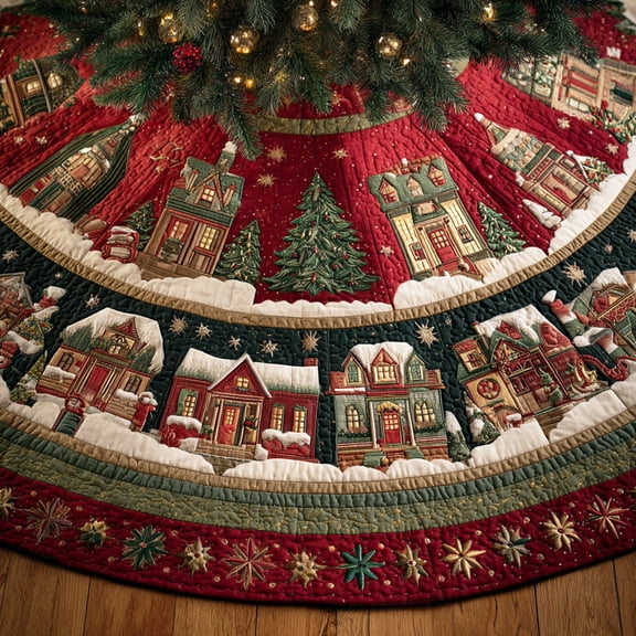 Frosted Pine Circle Quilted Christmas Tree Skirt