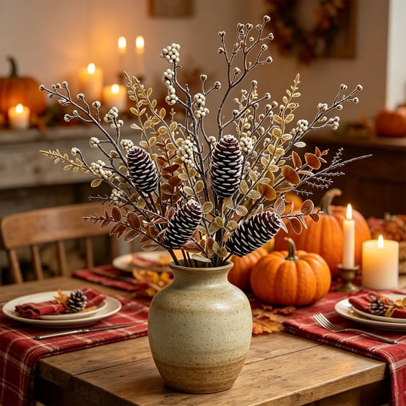 Frosted Pine Cone Artificial Bouquet 40cm, Autumn Winter Fake Floral Stems for Vase, Frosted Pine Cone Stems for Table Home Holiday Decor, Winter Floral Bouquet for Vase Display