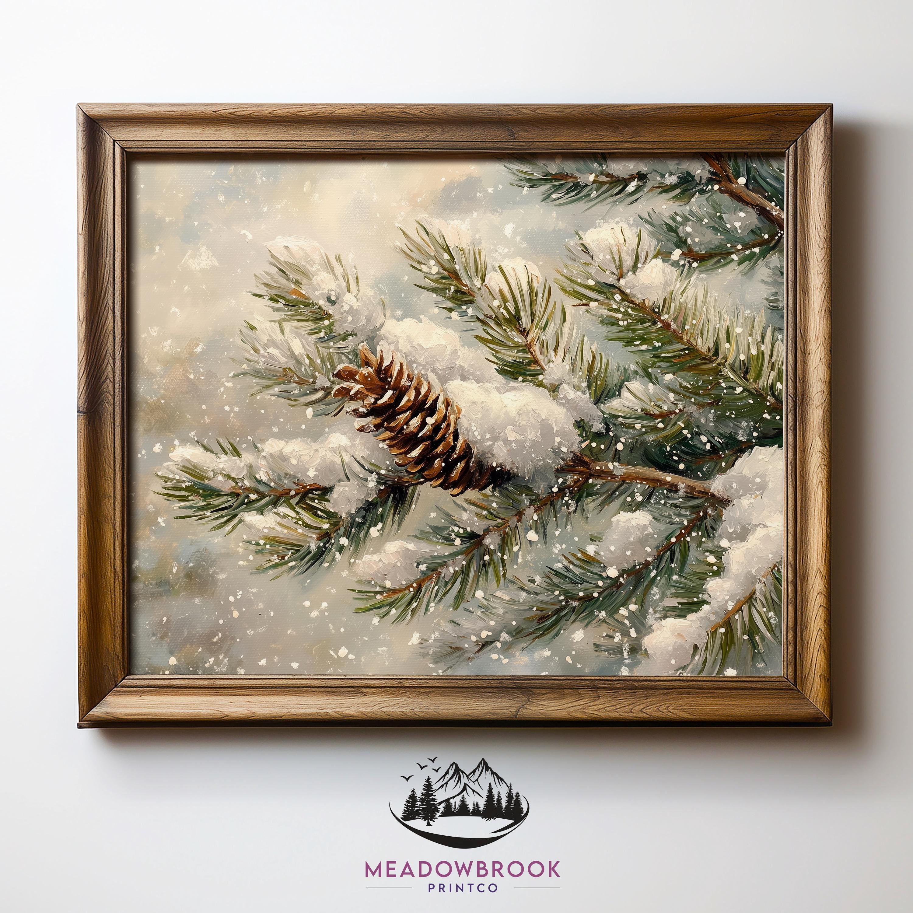 Photo inspiration: Nature Inspired Botanical Prints For Walls Reference: Frosted Pine Tree Branch With Snow Rustic Winter Wall Art