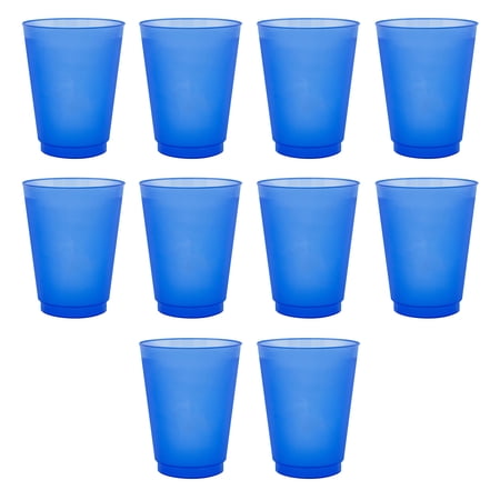 Frosted Plastic Stadium Cup 16 oz. Set of 10, Bulk Pack - Shatterproof, Flexible, Reusable Party Cups - Blue
