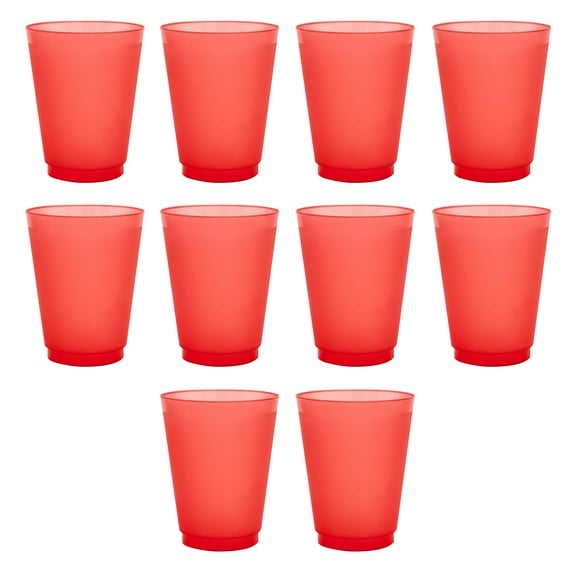 Frosted Plastic Stadium Cup 16 oz. Set of 10, Bulk Pack - Shatterproof, Flexible, Reusable Party Cups - Red