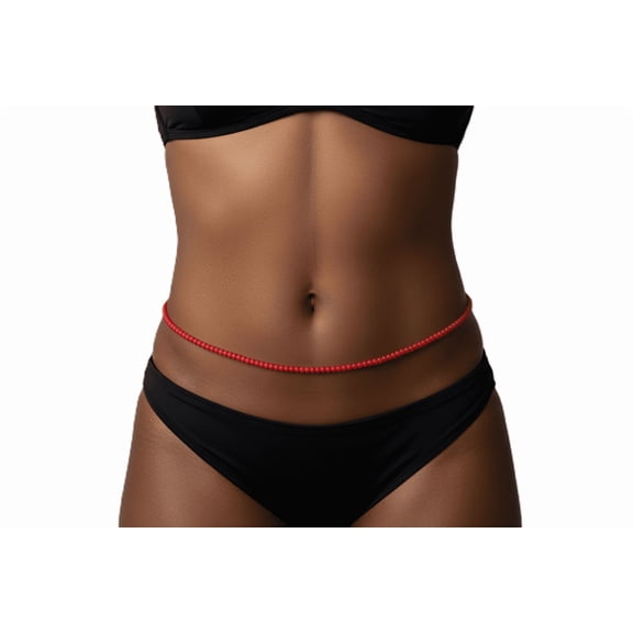 Frosted Red Glass Waist Beads, 42-Inches of Beads on Tie-On Cotton Thread Strings