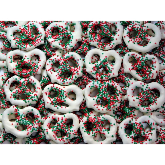 Frosted Red and Green Mini Holiday Pretzels White Chocolate Coated Pretzels with Red and Green Nonpareils Festive Christmas Snack Treats by CandyKorner - 1 Pound (16 Ounces)