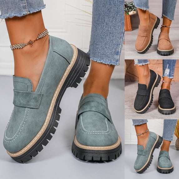 Frosted Round Head Loafers Casual Mid Heel Thick Bottom Shoes for Women Stylish Vintage Design for Everyday Wear