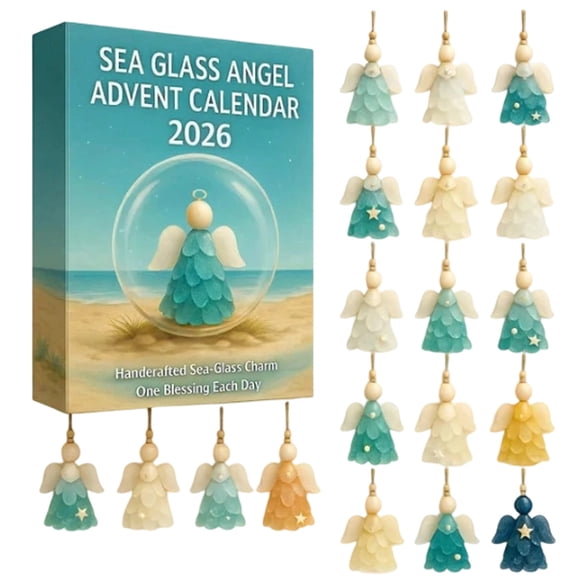 Frosted Sea Glass Angel Christmas Countdown Box 2026, Handmade Beach Angel Pendant Advent Calendar, Multi-Tone Ocean Glass Charms for Tree Window Hanging Decor (Green)