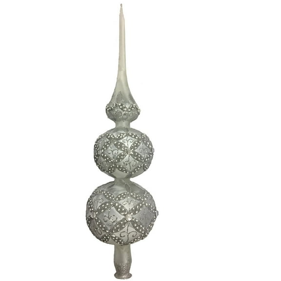 Frosted Silver and White Jeweled Polish Glass Christmas Tree Topper Made Poland