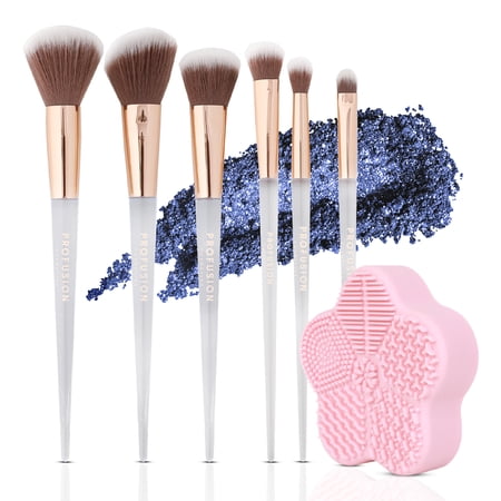 Profusion Cosmetics Frosted Snow Sparkle 7 PC Makeup Brush Set & Makeup Brush Cleaning Mat, Soft Synthetic Bristles For Blending & Travel-Friendly Tools for Precise Face Makeup