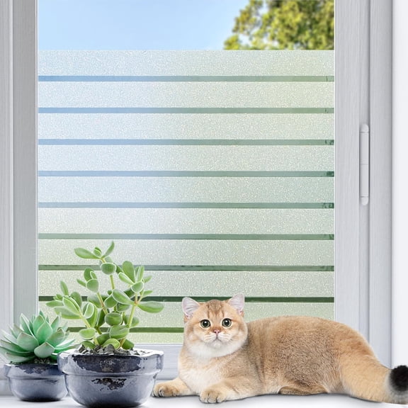 Frosted Striped Window Privacy Film for Bathroom Glass Door, Static Cling No Glue Removable Decorative Glass Film, UV Blocking Heat Control, Renter Friendly, 17.5 x 78.7 inch,Pure