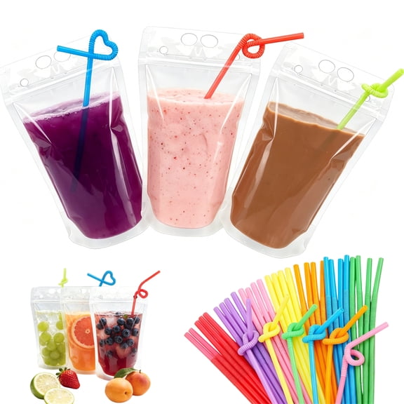 Frosted Translucent Beverage Bags 50 Pcs, Stand-up Plastic Drink Pouches with Straws, 500ml Juice & Smoothie Bags Portable Drink Holder for Summer Party, Outdoor Events GIXUSIL
