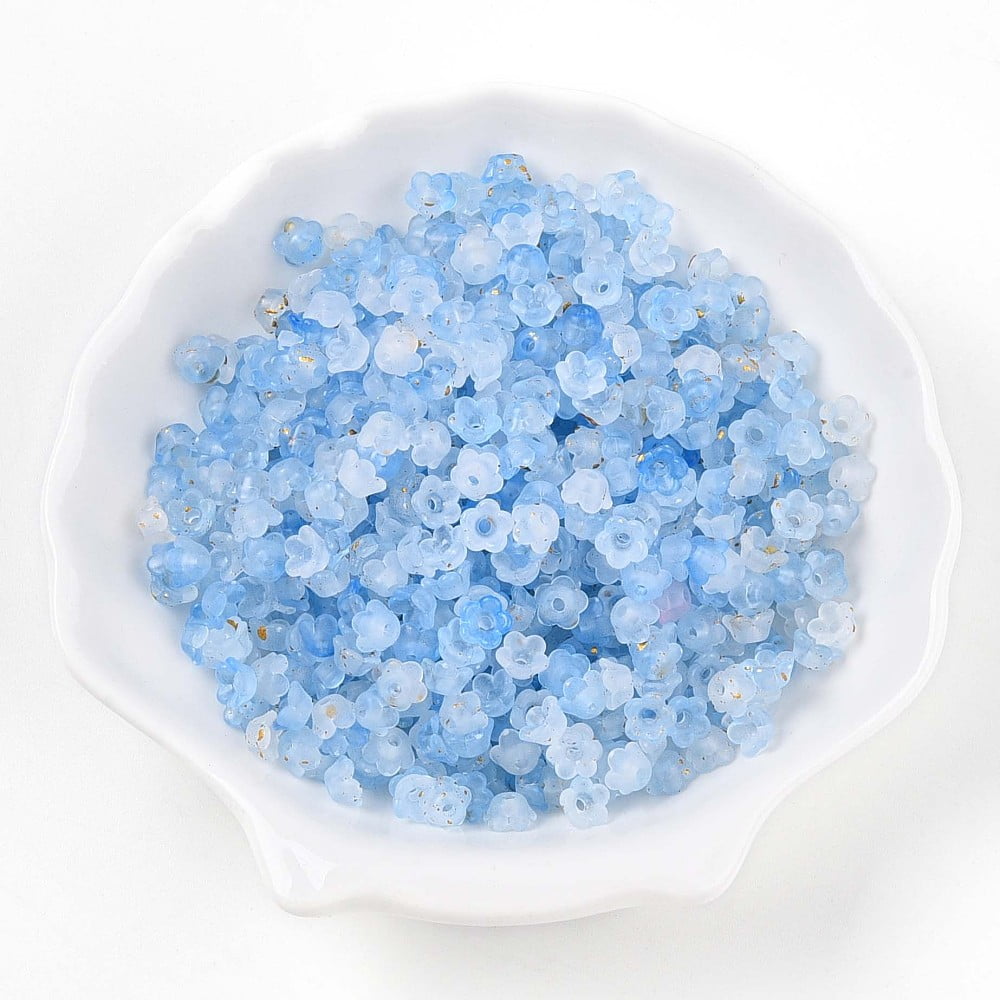 Frosted Transparent Acrylic Beads Flower with Gold Foil Light Sky Blue 5.5~6x3mm Hole: 1.5mm about 10860pcs/500g.