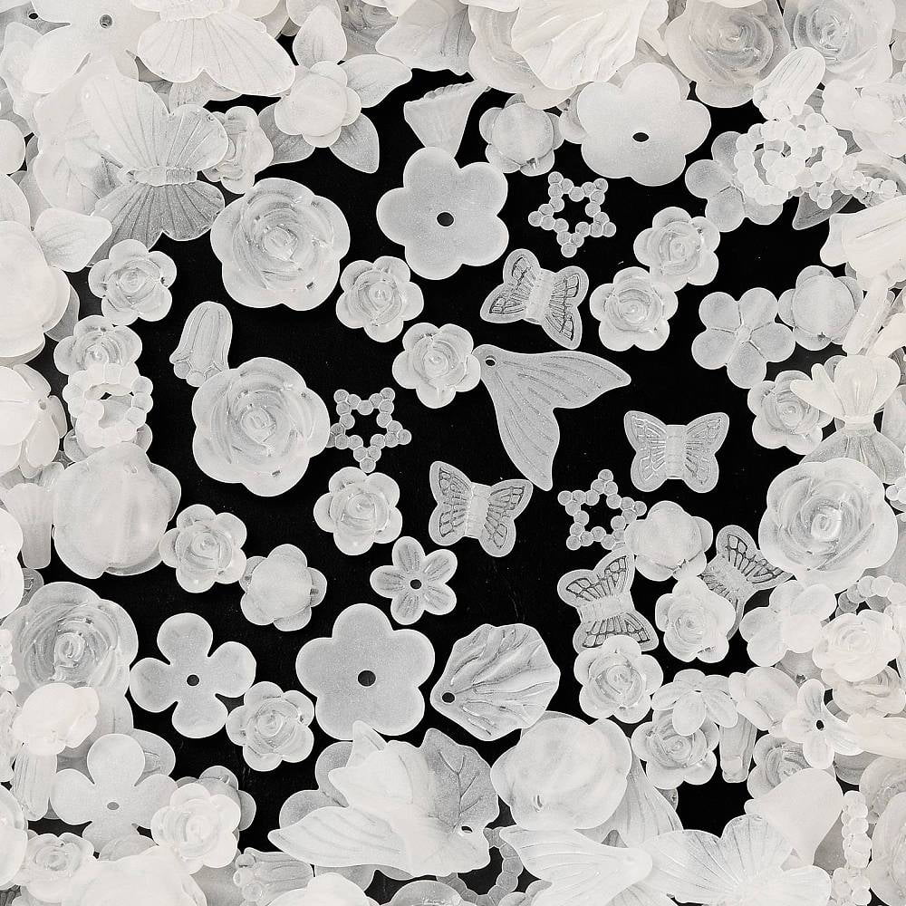 Frosted Transparent Acrylic Beads Mixed Shapes White 7~30x9~40x4~11mm Hole: 1~2mm