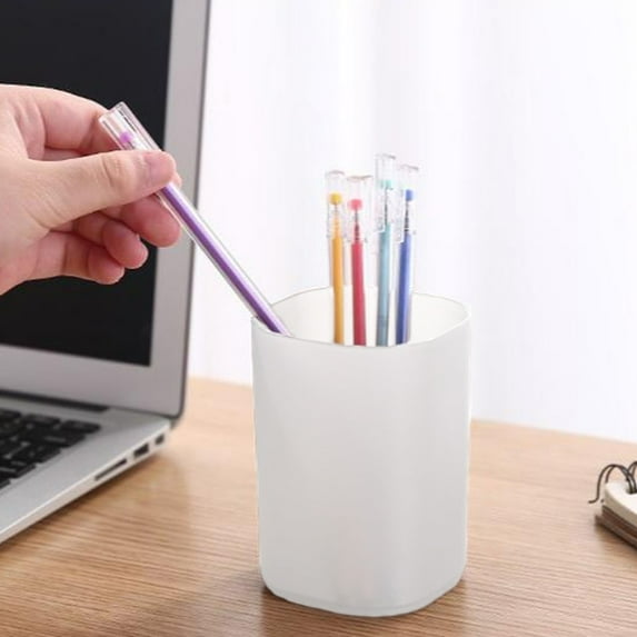 Frosted Transparent Pen Cup Organizer | Polypropylene Pencil Holder for Office Desk Makeup Brushes | Cute Minimalist Stationery Storage Box | 7x7x11cm | White | 1 Piece