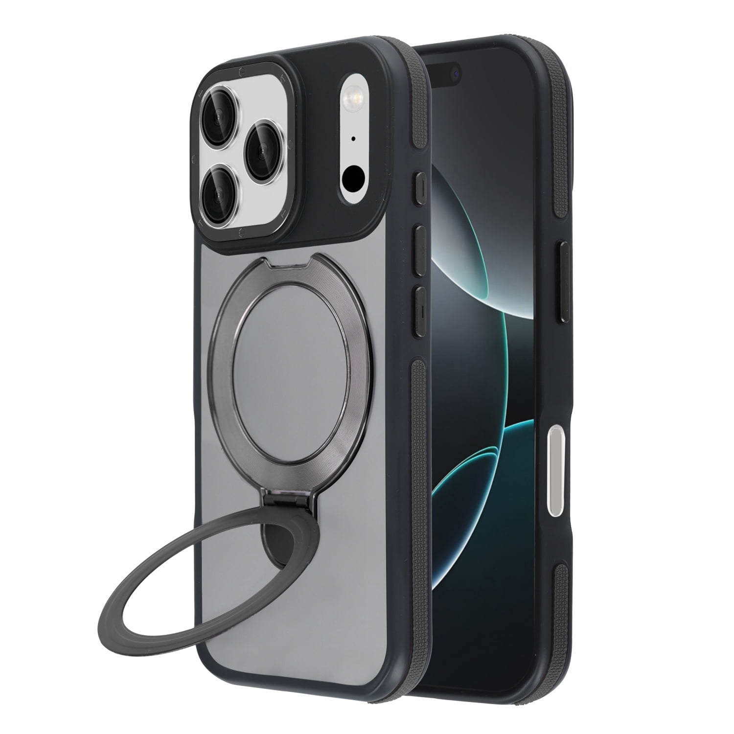 Frosted Transparent Phone Case with Built-In Kickstand for iPhone 17 Pro Max - Black
