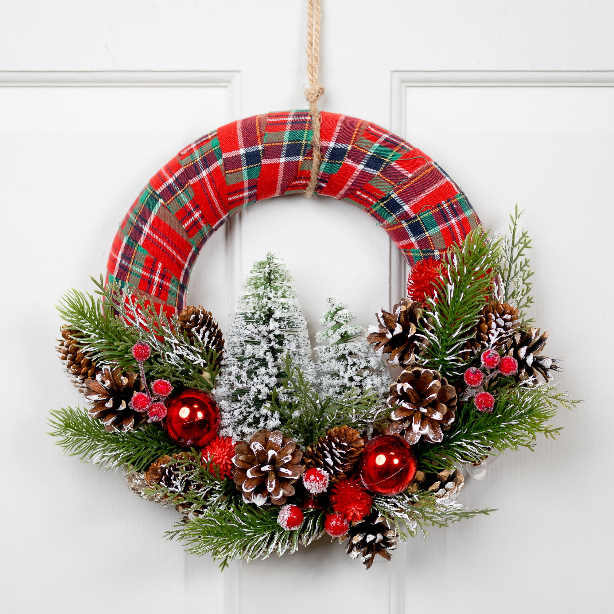 Frosted Trees and Pinecone Plaid Artificial Christmas Wreath - 13.5" - Unlit