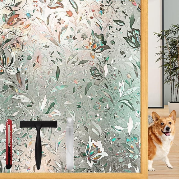 Frosted Tulip Patterned Window Privacy Film with Installation Tools, Stained Glass Decorative Film, Removable, Peep-Proof, Static Cling (23.6 x 78.7 Inch)