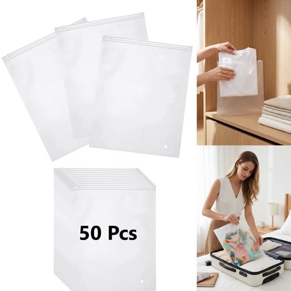Frosted Zipper Bags for Clothes, 50 Pcs 9.8x7.9" Resealable Plastic Storage Bags with Vent Holes
