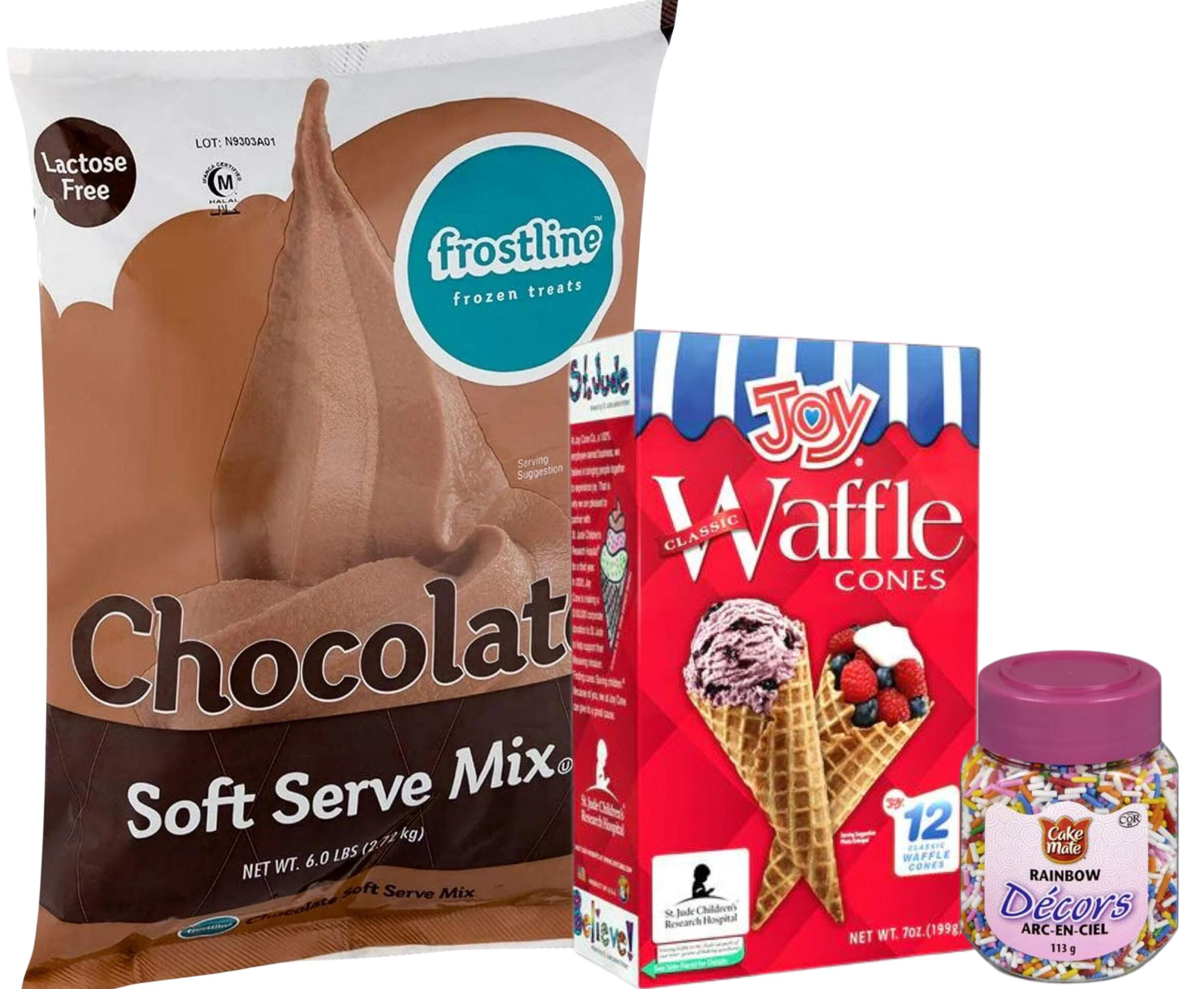 Frostline Chocolate Soft Serve Ice Cream Mix Lactose Free 6 lbs | Waffle Cones 12pk & Rainbow Sprinkles