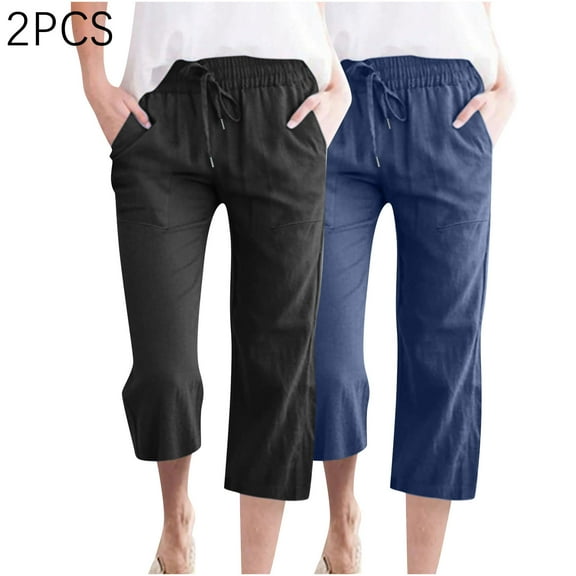 Frostluinai 2 Pack Capris Pants for Women Cotton Linen Casual Summer Straight Wide Leg Loose Drawstring Elastic Waist Cropped Trouser