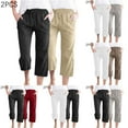 thumbnail image 1 of Frostluinai 2 Pack Cotton Cropped Pants Loose Fit Wide Leg Capri Casual Plus Size Elastic Waist Trousers with Pocket, 1 of 9