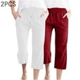 thumbnail image 1 of Frostluinai 2 Pack Cotton Linen Capri Pants for Women High Elastic Waisted Drawstring Solid Cropped Pants with Pockets, 1 of 6