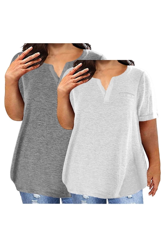 2 Pack Plus Size T Shirts for Women Short Sleeve V Neck Lounge Tops Loose Fit Dressy Work Shirts Solid Lightweight Summer Blouses