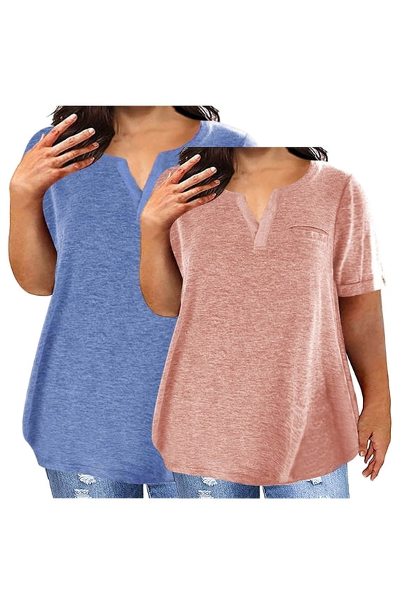 2 Pack Shirts for Women Plus Size Notch V Neck Short Sleeve T Shirts Basic Solid Tops Lightweight Spring Tees with Pocket Gifts