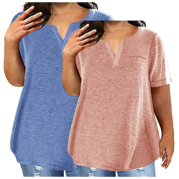 Frostluinai 2 Pack Shirts for Women Plus Size Notch V Neck Short Sleeve T Shirts Basic Solid Tops Lightweight Spring Tees with Pocket Gifts