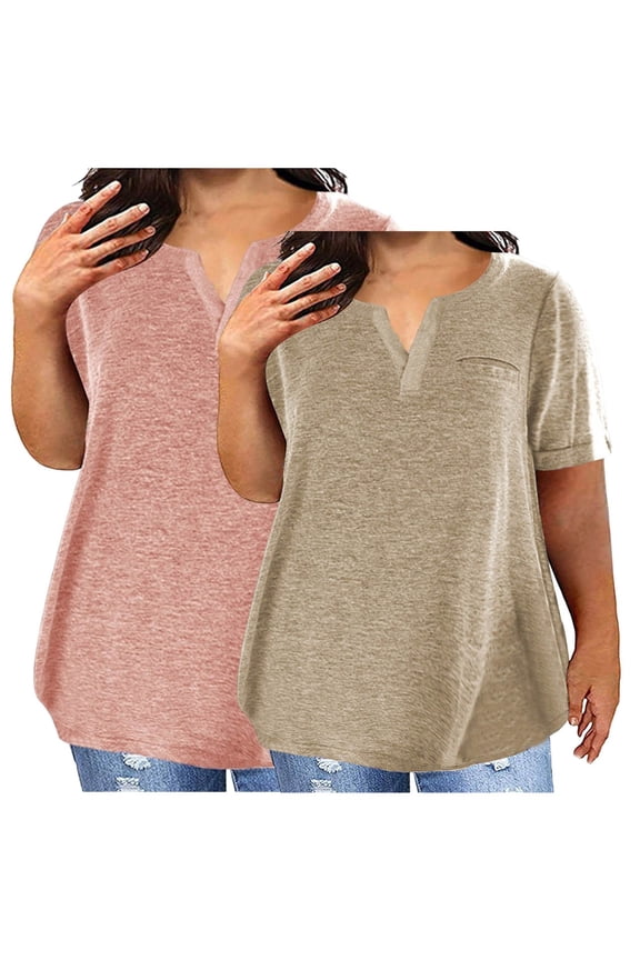 2 Pack Shirts for Women Plus Size Notch V Neck Short Sleeve T Shirts Basic Solid Tops Lightweight Spring Tees with Pocket Gifts