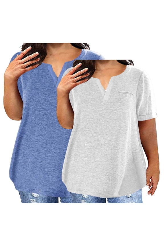 2 Pack Shirts for Women Plus Size Notch V Neck Short Sleeve T Shirts Basic Solid Tops Lightweight Spring Tees with Pocket Gifts