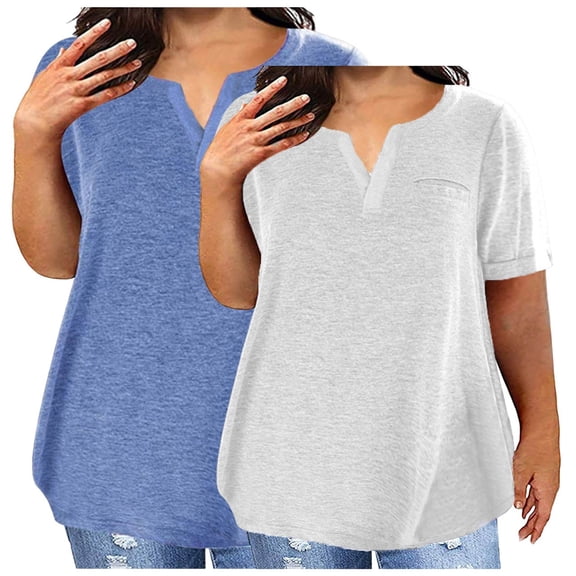 Frostluinai 2 Pack Shirts for Women Plus Size Notch V Neck Short Sleeve T Shirts Basic Solid Tops Lightweight Spring Tees with Pocket Gifts
