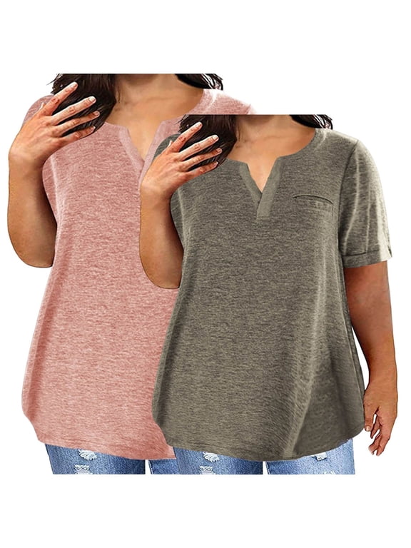 2 Pack Shirts for Women Plus Size Notch V Neck Short Sleeve T Shirts Basic Solid Tops Lightweight Spring Tees with Pocket Gifts