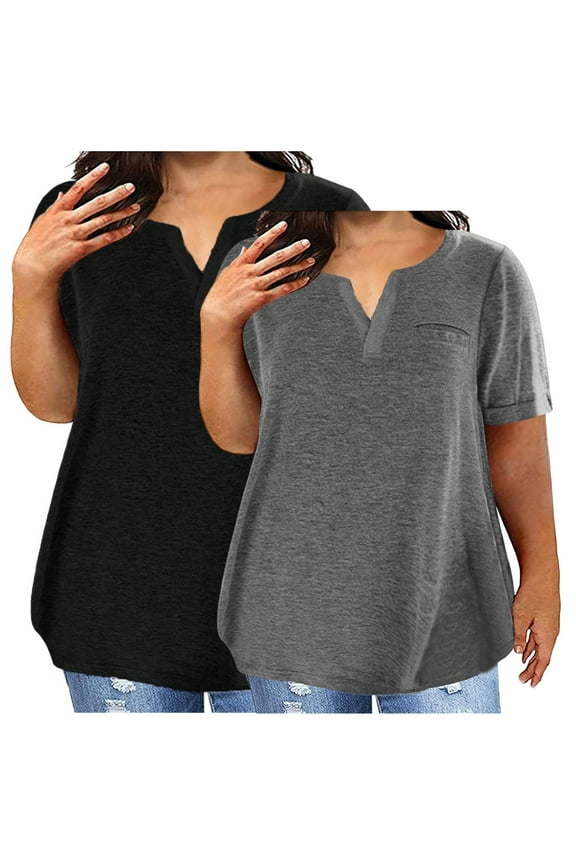 2 Pack Women's Plus Size T Shirts Notch V Neck Casual Shirts Short Sleeve Loose Fit Tops Solid Going Out Tees with Pockets